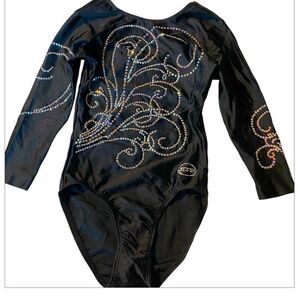 Ozone gymnastics black competition long sleeve custom leotard rhinestone AS